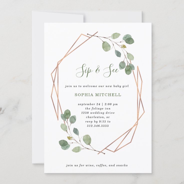 Eucalyptus Greenery Rose Gold Geo | Sip and See Invitation | Zazzle