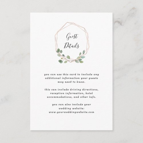 Eucalyptus Greenery Rose Gold Geo Wedding Details Enclosure Card