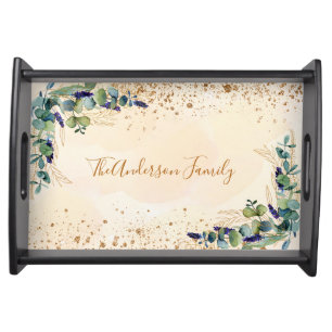 Eucalyptus greenery rose gold glitter dust family serving tray