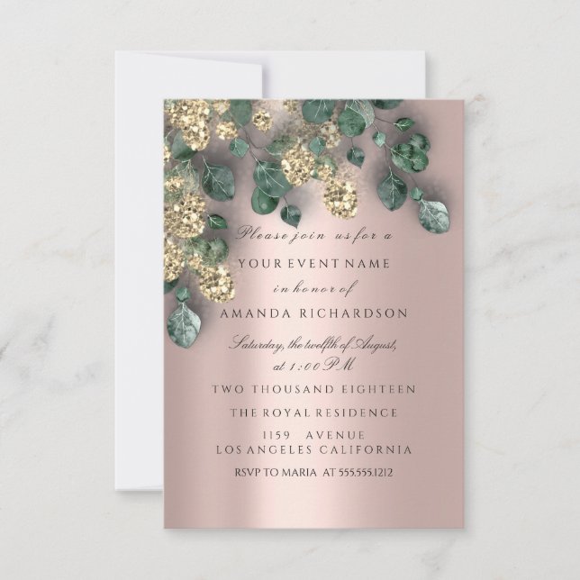 Eucalyptus Greenery Rose Gold Glitter  Foils Invitation (Front)