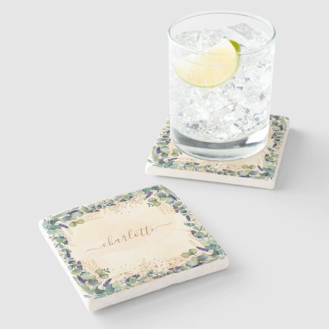 Eucalyptus greenery rose gold glitter name stone coaster (Side)