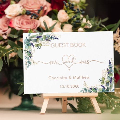 Eucalyptus greenery rose gold mr mrs wedding  foil guest book 