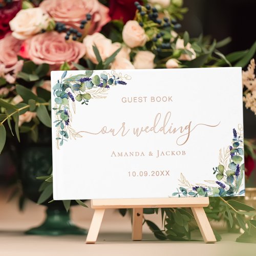 Eucalyptus greenery rose gold wedding  foil guest book 