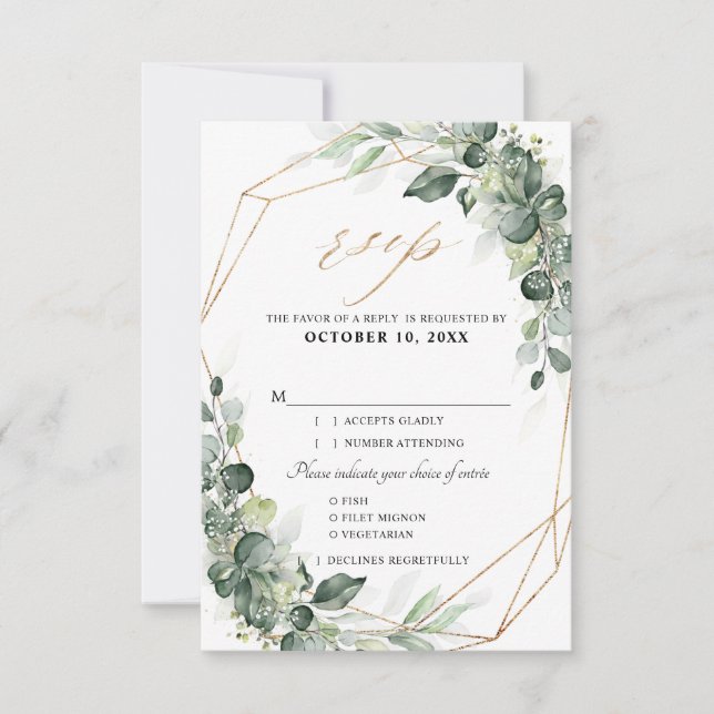 Eucalyptus Greenery Rustic Geometric Wedding RSVP Card (Front)