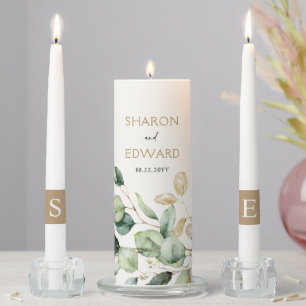 Eucalyptus Greenery & Rustic Gold Monogram Wedding Unity Candle Set