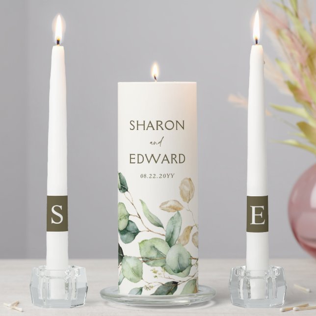 Eucalyptus Greenery & Rustic Gold Monogram Wedding Unity Candle Set (In Situ)