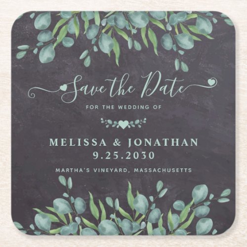 Eucalyptus Greenery  Rustic Wedding Save The Date Square Paper Coaster