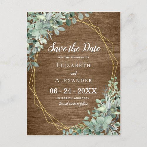 Eucalyptus Greenery Rustic Wood Geometric Wedding  Announcement Postcard