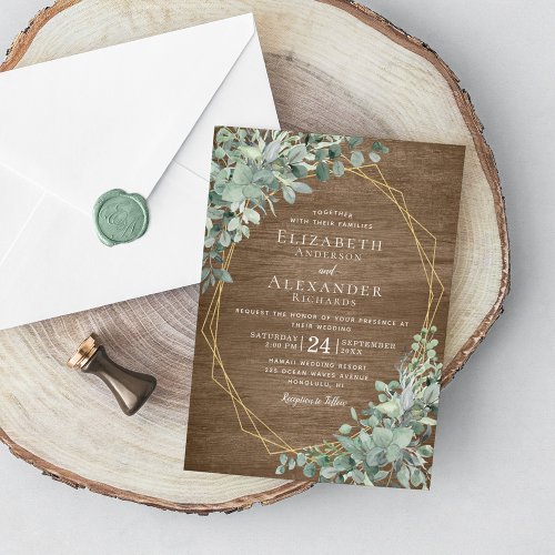 Eucalyptus Greenery Rustic Wood Geometric Wedding Invitation