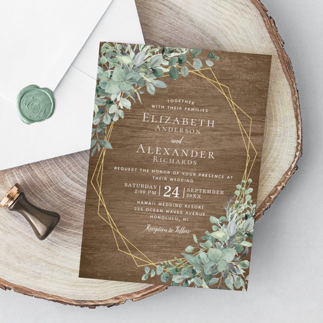 Eucalyptus Greenery Rustic Wood Geometric Wedding Invitation (Creator Uploaded)
