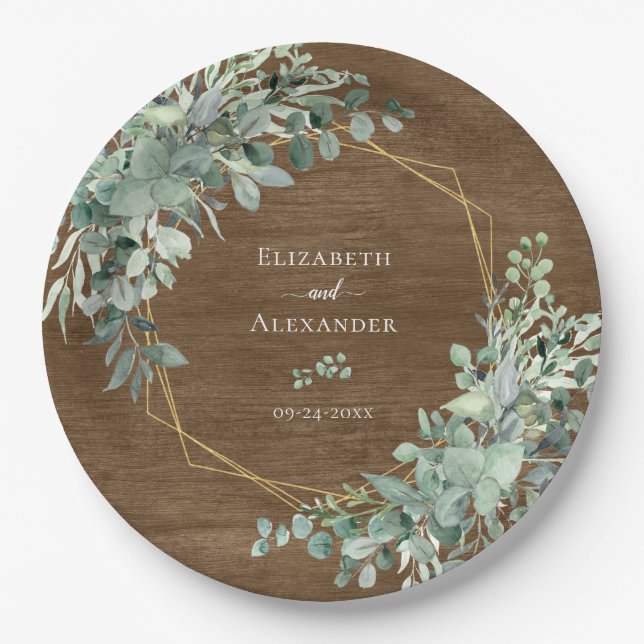 Eucalyptus Greenery Rustic Wood Geometric Wedding Paper Plates (Front)