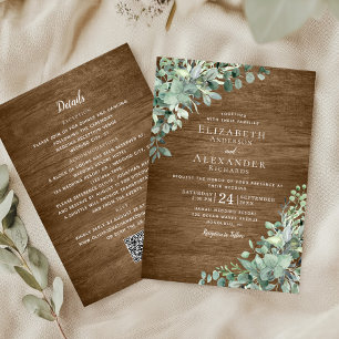 Eucalyptus Greenery Rustic Wood QR Code Wedding Invitation