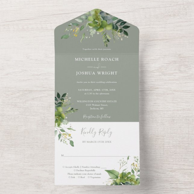 Eucalyptus Greenery Sage Green Monogram Wedding All In One Invitation (Inside)