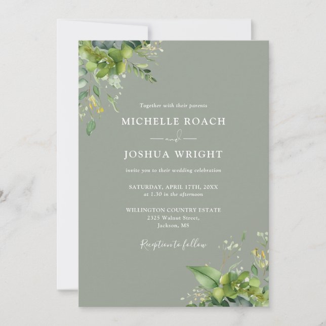 Eucalyptus Greenery Sage Green Monogram Wedding Invitation (Front)