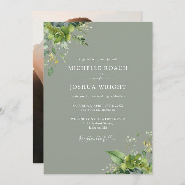 Eucalyptus Greenery Sage Green Photo Wedding Invitation (Front/Back)