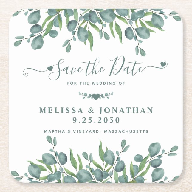 Eucalyptus Greenery Sage Wedding Save The Date Square Paper Coaster (Front)
