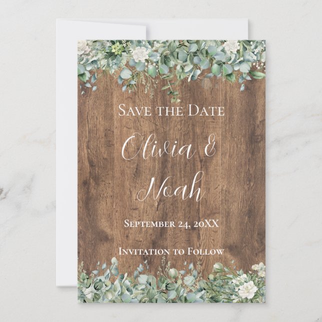 Eucalyptus Greenery Save the Date Card | Rustic (Front)