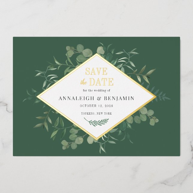 Eucalyptus Greenery Save the Date Gold Foil Invitation (Front)