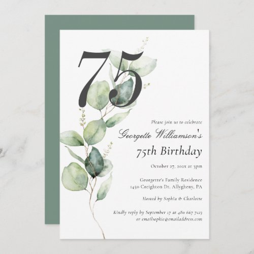 Eucalyptus Greenery Script 75th Birthday Invitation