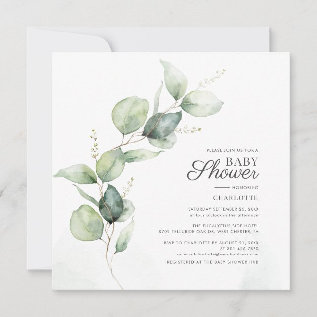 Eucalyptus Greenery Script Botanical Baby Shower Invitation (Front)