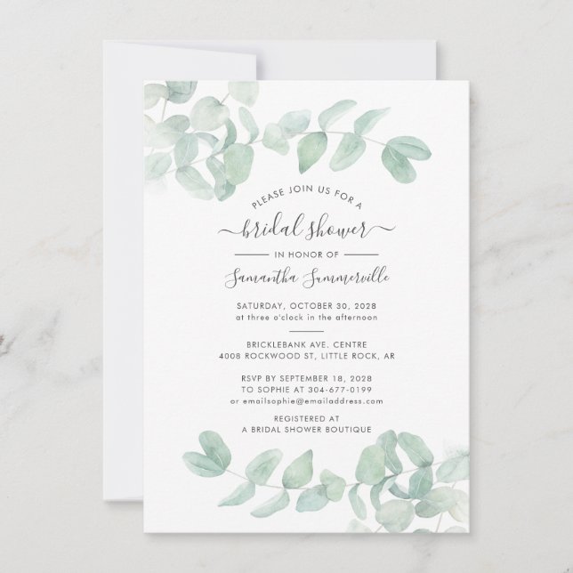 Eucalyptus Greenery Script Botanical Bridal Shower Invitation (Front)