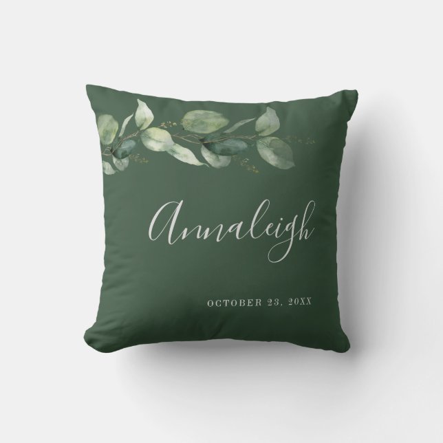 Eucalyptus Greenery Script Botanical Bridal Shower Throw Pillow (Front)