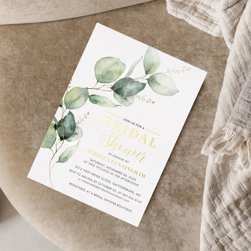 Eucalyptus Greenery Script Bridal Shower Gold Foil Invitation