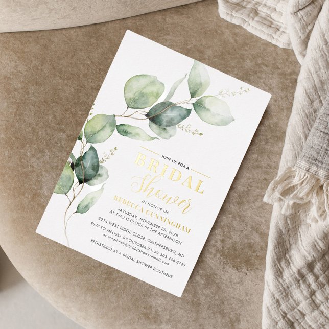 Eucalyptus Greenery Script Bridal Shower Gold Foil Invitation (Eucalyptus Sage Green Script Bridal Shower Gold Foil Invitation)
