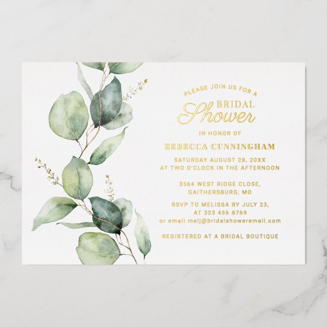 Eucalyptus Greenery Script Bridal Shower Gold Foil Invitation (Front)