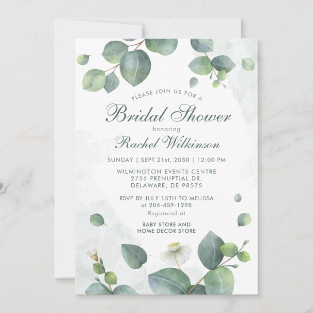 Eucalyptus Greenery Script Bridal Shower Invitation (Front)