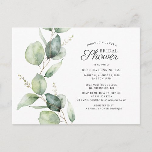 Eucalyptus Greenery Script Bridal Shower Invitation Postcard