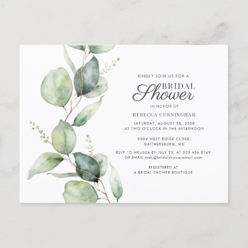 Eucalyptus Greenery Script Bridal Shower Invitation Postcard