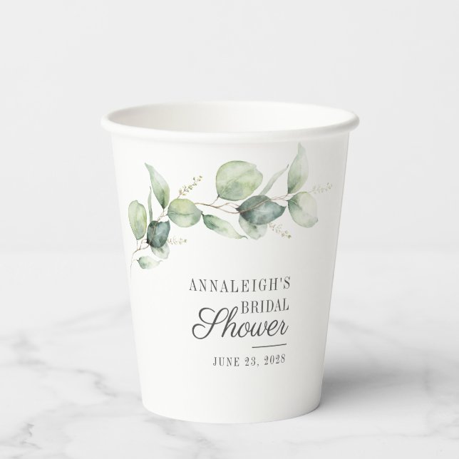 Eucalyptus Greenery Script Bridal Shower Paper Cups (Back)