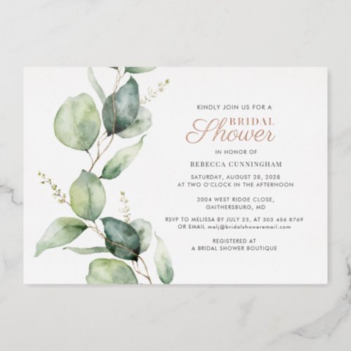 Eucalyptus Greenery Script Bridal Shower Rose Gold Foil Invitation