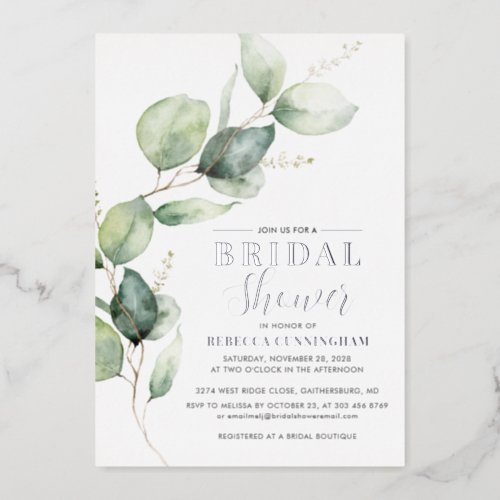Eucalyptus Greenery Script Bridal Shower Silver Foil Invitation