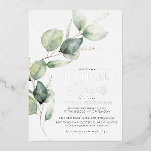 Eucalyptus Greenery Script Bridal Shower Silver Foil Invitation