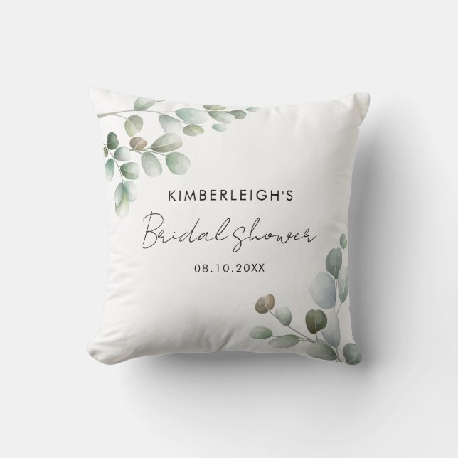 Eucalyptus Greenery Script Bridal Shower Throw Pillow (Front)