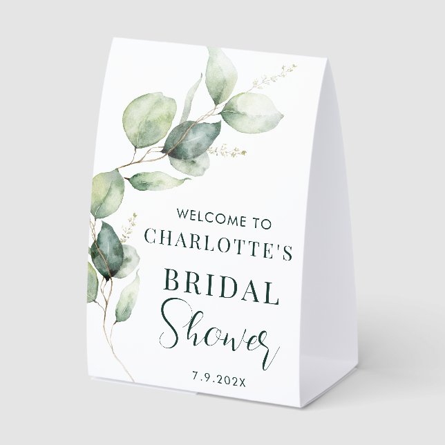Eucalyptus Greenery Script Bridal Shower Welcome Paper Table Tent (Front)