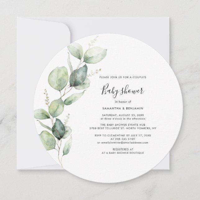 Eucalyptus Greenery Script Couples Baby Shower Invitation (Front)