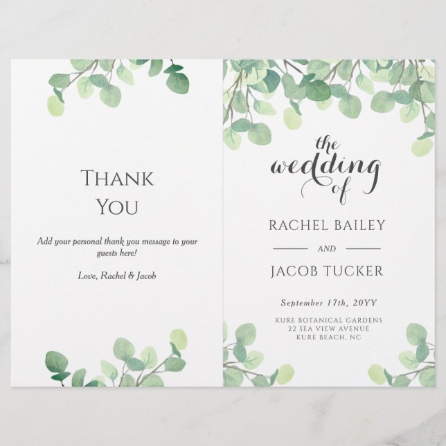 Eucalyptus Greenery Script Floral Wedding Program (Front)