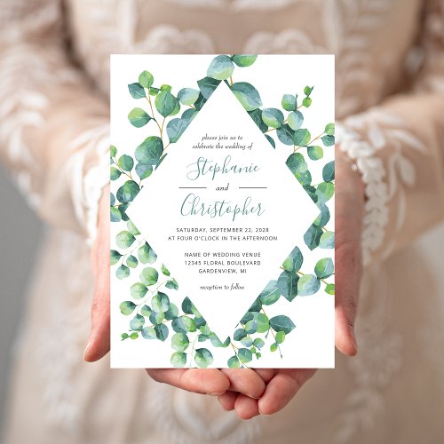 Eucalyptus Greenery Script Geometric Wedding Invitation