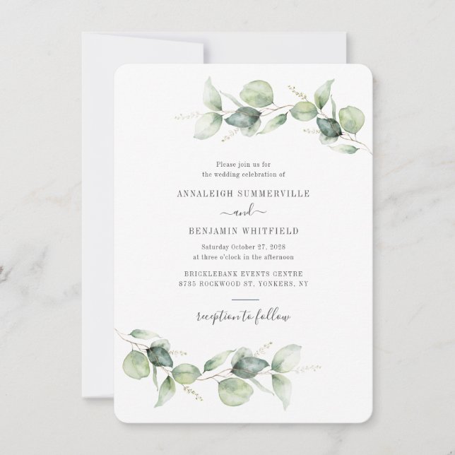 Eucalyptus Greenery Script Minimalist Wedding Invitation (Front)