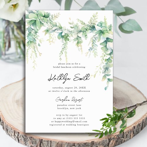 Eucalyptus Greenery Script Modern Bridal Luncheon Invitation