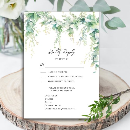 Eucalyptus Greenery Script Modern Garden Wedding RSVP Card