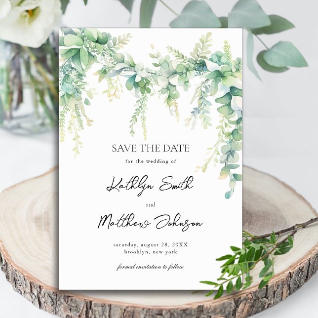 Eucalyptus Greenery Script Modern Garden Wedding Save The Date (Creator Uploaded)