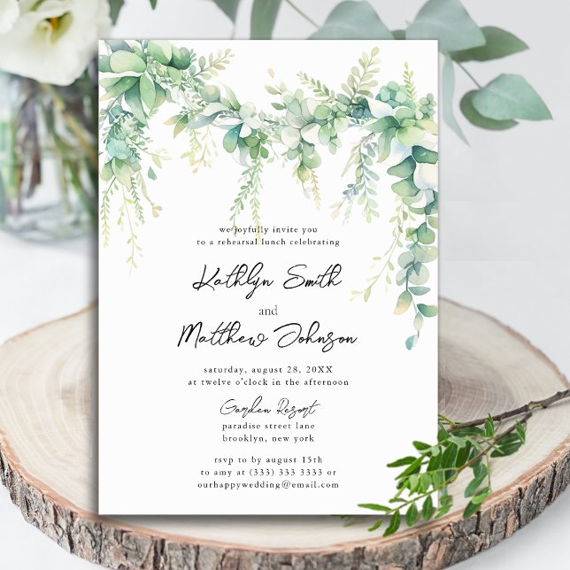 Eucalyptus Greenery Script Modern Rehearsal Lunch Invitation (Creator Uploaded)