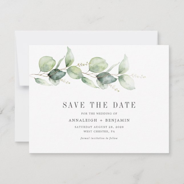 Eucalyptus Greenery Script Photo Save the Date (Front)