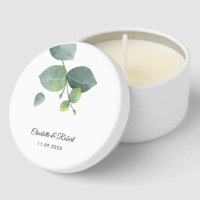 Eucalyptus Greenery Script Wedding Mini Candle Favors (Corner)