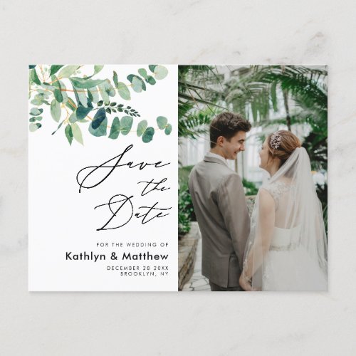 Eucalyptus Greenery Script Wedding Save The Date Announcement Postcard