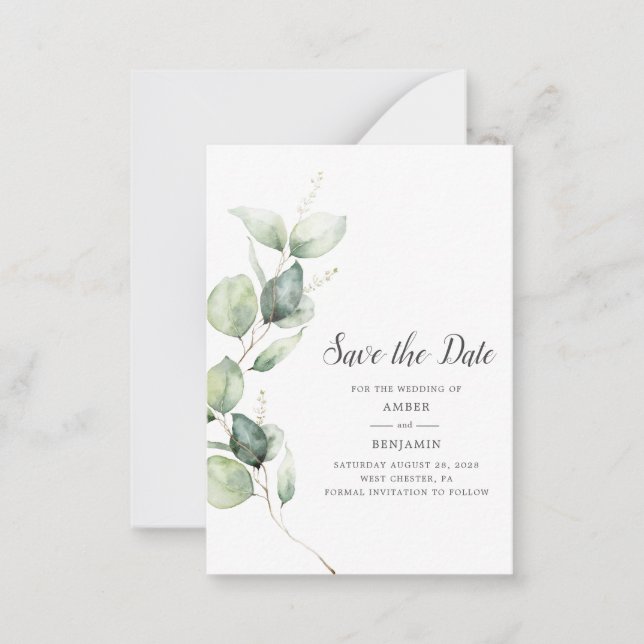 Eucalyptus Greenery Script Wedding Save the Date Note Card (Front)